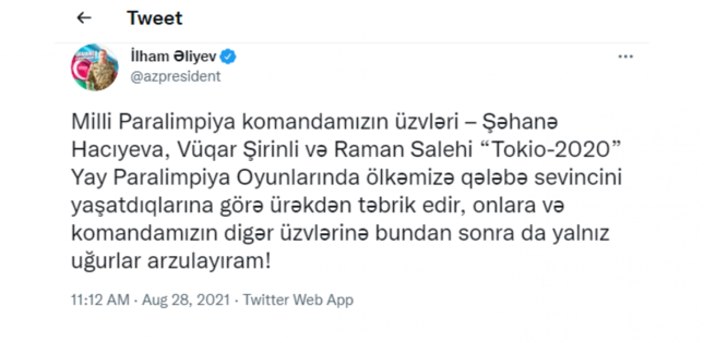 Prezident İlham Əliyev Yay Paralimpiya Oyunlarında qələbə qazanan idmançıları təbrik edib